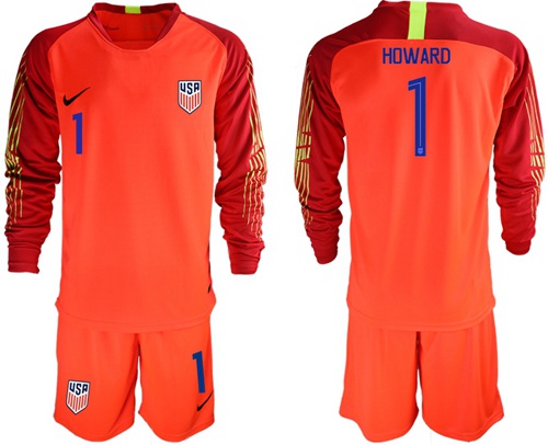 USA #1 Howard Red Goalkeeper Long Sleeves Soccer Country Jersey